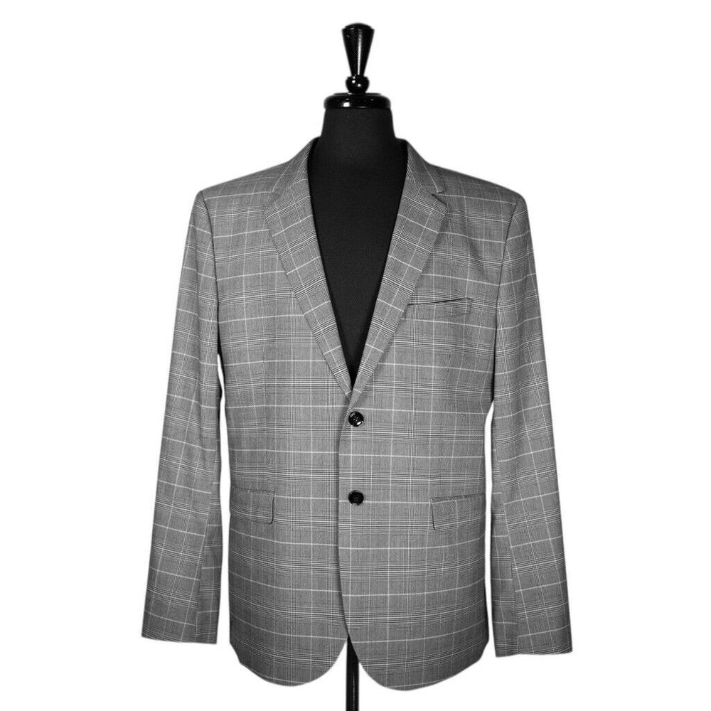 H&M Mens Blazer Gray Plaid Stretch 2 Button Lined Skinny Jacket Sport Coat 48R
